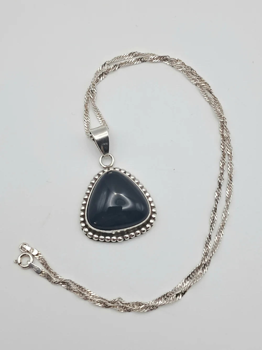 Vintage Navajo Sterling Silver & Black Onyx Triangle Pendant Necklace with Chain